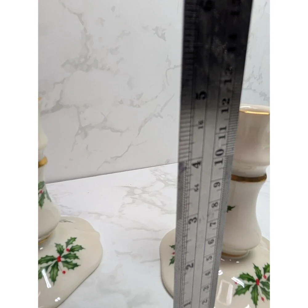 Lenox Holiday Candlesticks Pair Gold Trim USA Christmas Holly 4.5